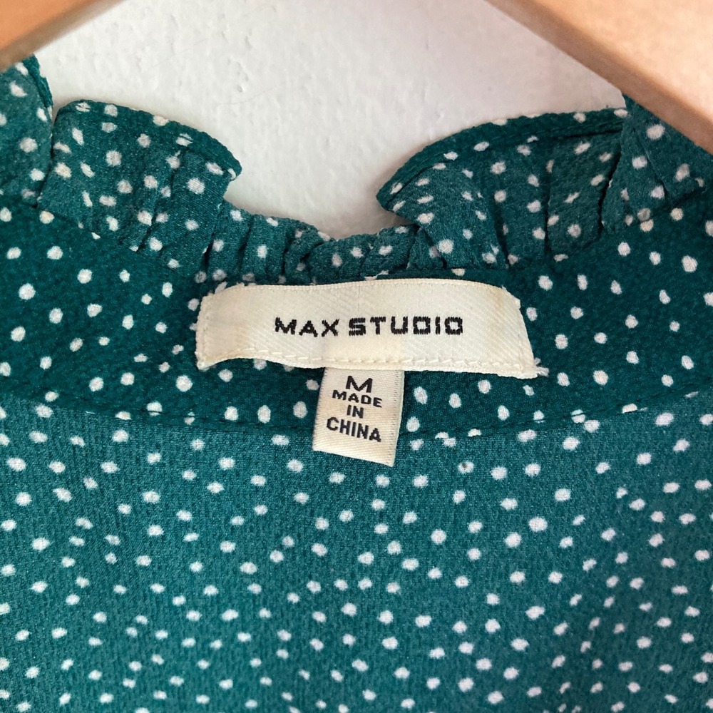 Max Studio Green Polka Dot Tiered Maxi Dress Ruffle V-Neck Smocked Waist Medium - Picture 3 of 8